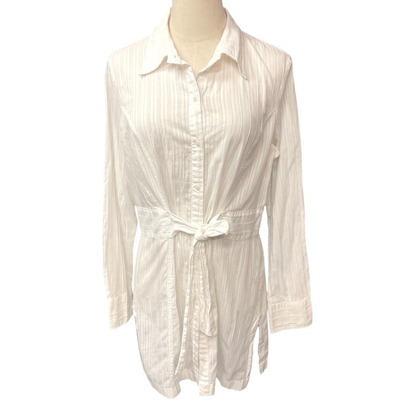 Tribal White Tunic Shirt Top Size 12 Tie Waist Long Sleeve Button‎ Down Blouse - Picture 1 of 9